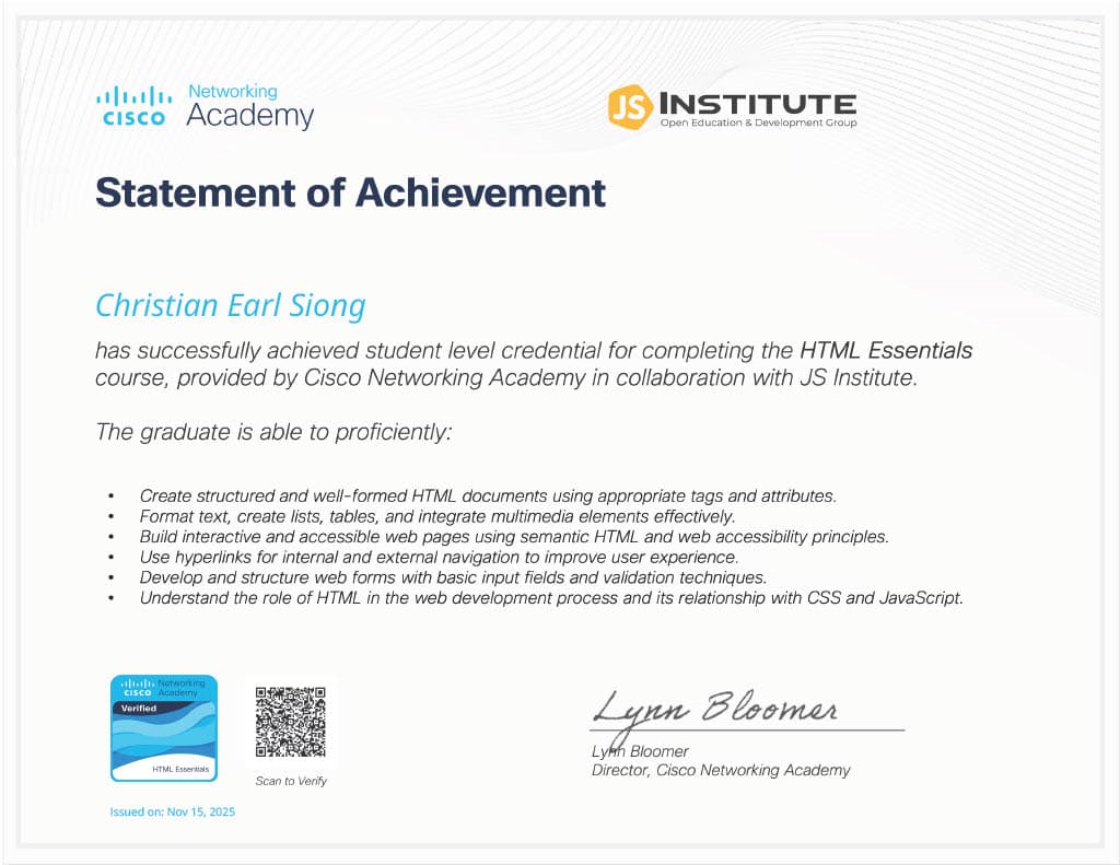 HTML Essentials Certification certificate